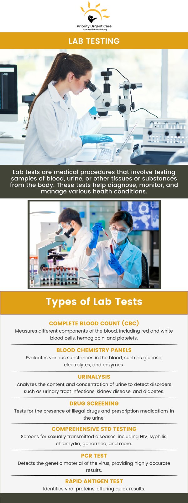 Lab testing is a service needed by patients for routine testing to look for changes in their health, and tests help Doctors diagnose medical treatments and monitor diseases. Priority Urgent Care & Walk-In Clinic offers lab testing. Contact us today or book an appointment online. We have convenient locations to serve you in Cromwell, CT, East Haven, CT, Ellington, CT, Newington, CT, Oxford, CT, Unionville, CT and Wallingford, CT. Lab testing is a service needed by patients for routine testing to look for changes in their health, and tests help Doctors diagnose medical treatments and monitor diseases. Priority Urgent Care & Walk-In Clinic offers lab testing. Contact us today or book an appointment online. We have convenient locations to serve you in Cromwell, CT, East Haven, CT, Ellington, CT, Newington, CT, Oxford, CT, Unionville, CT and Wallingford, CT.