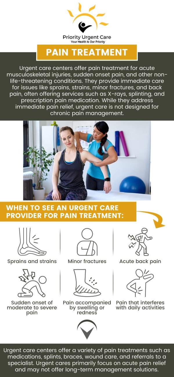At Priority Urgent Care and Walk-In Clinic, we understand that pain can disrupt your daily life and well-being. Our dedicated team is equipped to provide prompt and effective treatment for various types of pain, from acute injuries to chronic conditions. Whether you're dealing with back pain, joint discomfort, or muscle strains, we offer comprehensive evaluations and tailored treatment plans to help you find relief and get back to your normal routine. Trust Priority Urgent Care for compassionate care and fast relief when you need it most. For more information, contact us today. You can also book an appointment online or simply walk-in. We have convenient locations to serve you in Cromwell CT, East Haven CT, Ellington CT, Newington, CT, Oxford, CT, Unionville CT and Wallingford, CT.