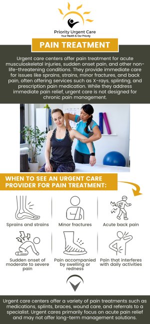 At Priority Urgent Care and Walk-In Clinic, we understand that pain can disrupt your daily life and well-being. Our dedicated team is equipped to provide prompt and effective treatment for various types of pain, from acute injuries to chronic conditions. Whether you're dealing with back pain, joint discomfort, or muscle strains, we offer comprehensive evaluations and tailored treatment plans to help you find relief and get back to your normal routine. Trust Priority Urgent Care for compassionate care and fast relief when you need it most. For more information, contact us today. You can also book an appointment online or simply walk-in. We have convenient locations to serve you in Cromwell CT, East Haven CT, Ellington CT, Newington, CT, Oxford, CT, Unionville CT and Wallingford, CT.