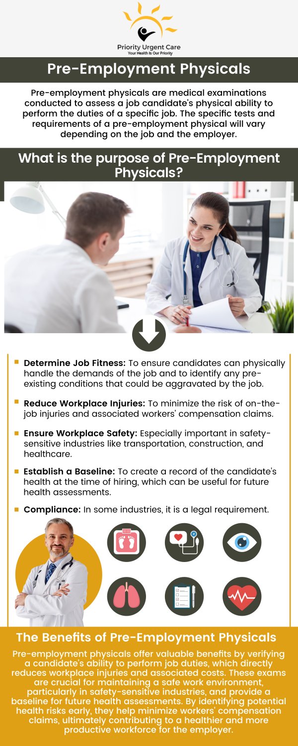Priority Urgent Care & Walk-In Clinic offers comprehensive pre-employment physicals to help you meet job requirements. Our skilled team provides thorough health evaluations quickly and efficiently. Visit us for reliable and convenient pre-employment physicals to get you ready for work. We ensure all necessary screenings and paperwork are completed accurately. For more information, contact us today or simply walk in. We are conveniently located at 2909 Berlin Turnpike, Newington, CT 06111.