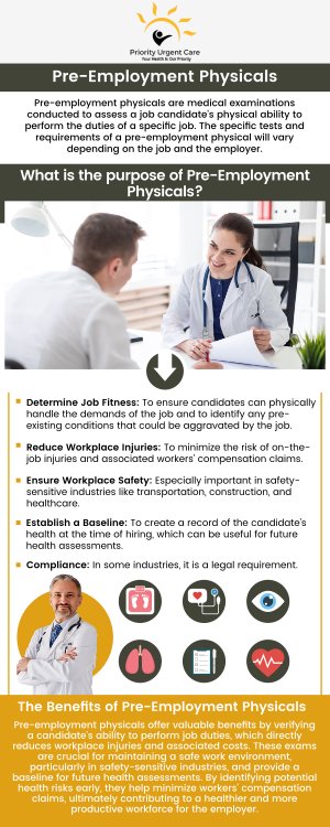 Priority Urgent Care & Walk-In Clinic offers comprehensive pre-employment physicals to help you meet job requirements. Our skilled team provides thorough health evaluations quickly and efficiently. Visit us for reliable and convenient pre-employment physicals to get you ready for work. We ensure all necessary screenings and paperwork are completed accurately. For more information, contact us today or simply walk in. We are conveniently located at 2909 Berlin Turnpike, Newington, CT 06111.