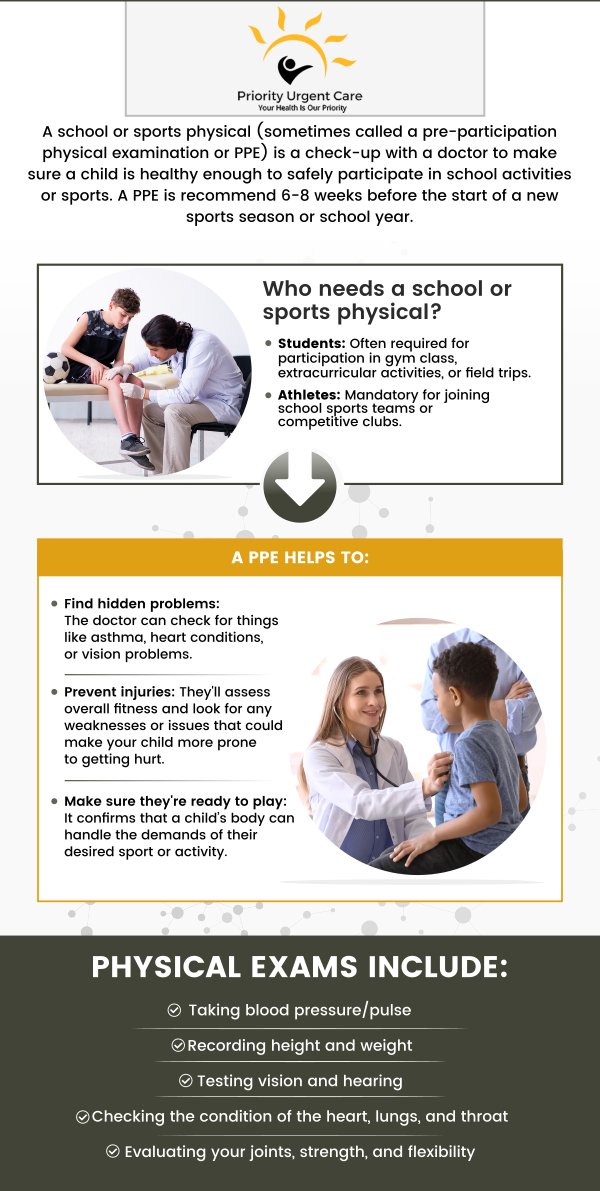 At Priority Urgent Care in Newington, CT, we offer comprehensive sports physicals to ensure your athlete is healthy and ready for the season ahead. Our board-certified physician, Dr. Daksh Rampal, MD, and experienced team provide thorough evaluations that include checking vital signs, assessing flexibility and strength, and reviewing medical history. Contact us today for more information. We are conveniently located at 2909 Berlin TPK Newington, CT 06111.