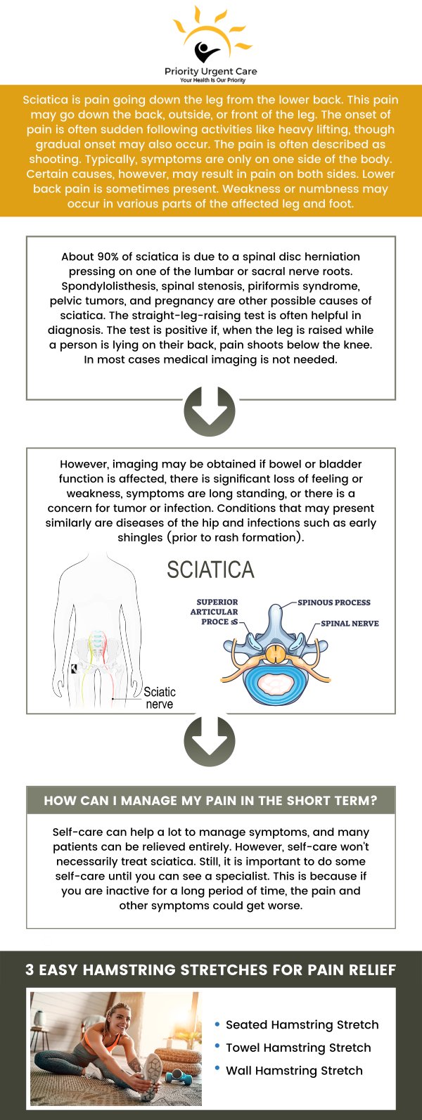 At Priority Urgent Care and Walk-In Clinic, we provide effective relief for sciatica pain. Our experienced medical team quickly assesses your condition and offers targeted treatments to reduce pain and inflammation. Whether you need medication, physical therapy referrals, or expert advice, we are here to help you manage and alleviate sciatica discomfort. For more information, please contact us today. You can also book an appointment online or simply walk-in. We have convenient locations to serve you in Cromwell CT, East Haven CT, Ellington CT, Newington, CT, Oxford, CT, Unionville CT and Wallingford, CT.
