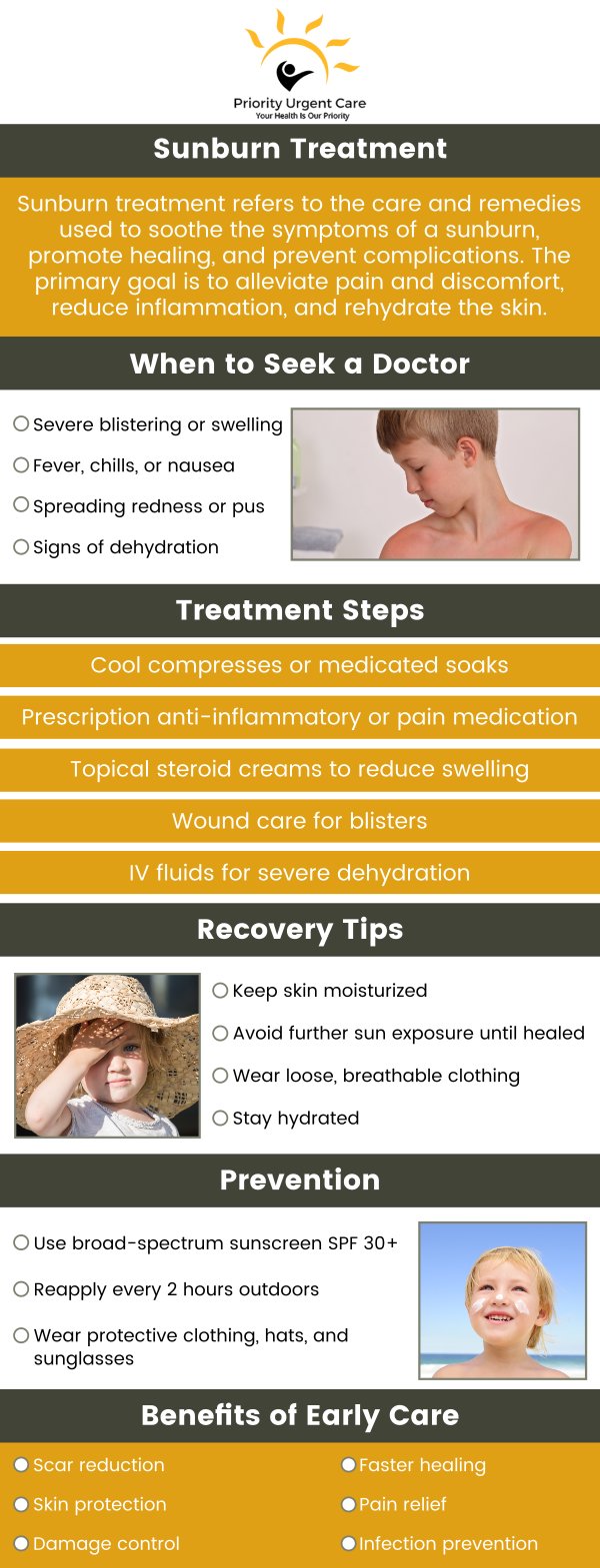 Sunburn is hot and sore skin caused by too much sun. Most sunburns are first-degree burns that turn the skin pink or red. Prolonged sun exposure can cause blistering and second-degree or third-degree burns that need specialized care. If you need sunburn treatment, walk into Priority Urgent Care for effective and quality treatment. For more information, contact us today. We accept most major insurances. We have convenient locations to serve you in Cromwell, CT, East Haven, CT, Ellington, CT, Newington, CT, Oxford, CT, Unionville, CT and Wallingford, CT. Sunburn is hot and sore skin caused by too much sun. Most sunburns are first-degree burns that turn the skin pink or red. Prolonged sun exposure can cause blistering and second-degree or third-degree burns that need specialized care. If you need sunburn treatment, walk into Priority Urgent Care for effective and quality treatment. For more information, contact us today. We accept most major insurances. We have convenient locations to serve you in Cromwell, CT, East Haven, CT, Ellington, CT, Newington, CT, Oxford, CT, Unionville, CT and Wallingford, CT.
