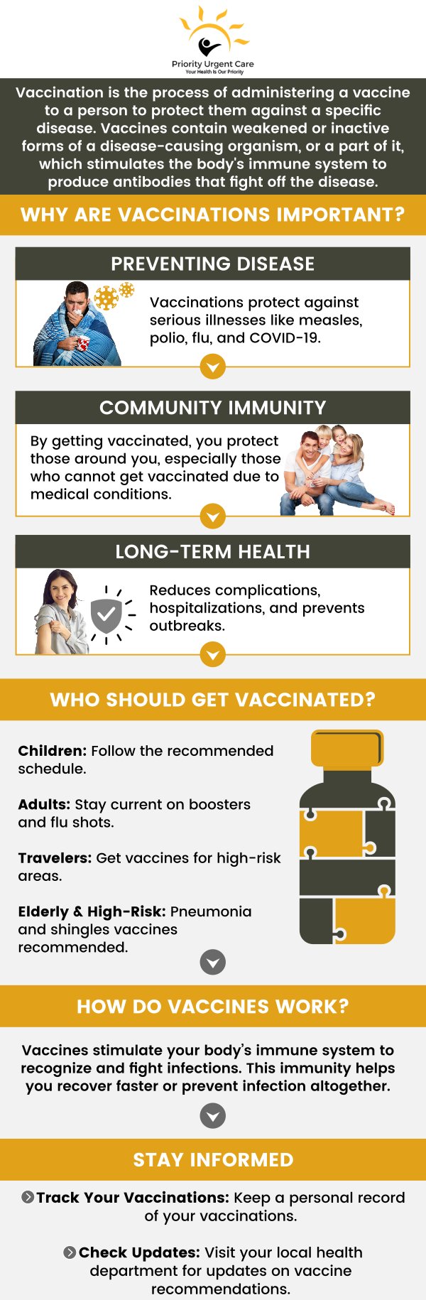 At Priority Urgent Care and Walk-In Clinic, we provide safe and convenient immunizations and vaccinations to protect patients of all ages. Our professionals offer a wide range of vaccines, including those for seasonal illnesses, school requirements, and routine preventive care. With walk-in access and a commitment to quality service, we make it easy for families and individuals to stay up to date on their vaccinations in a comfortable and supportive setting. For more information, please contact us today. We have convenient locations to serve you in Cromwell CT, East Haven CT, Ellington CT, Newington, CT, Oxford, CT, Unionville CT and Wallingford, CT.