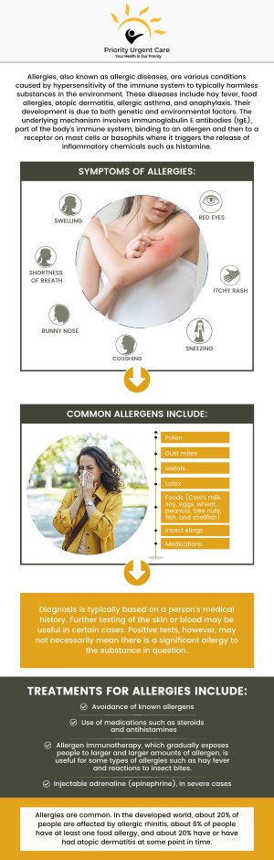 Allergies develop when your immune system causes an allergic reaction to an allergen by mistake. Symptoms may include sneezing, itching, watery eyes, or trouble breathing. If you are experiencing any allergic reactions or rashes from something, please come to Priority Urgent Care and Walk-In Clinic to get essential treatment that helps you heal faster. For more information, please contact us or request an appointment online. We have convenient locations to serve you in Cromwell CT, East Haven CT, Ellington CT, Newington, CT, Oxford, CT, Unionville CT and Wallingford, CT. Allergies develop when your immune system causes an allergic reaction to an allergen by mistake. Symptoms may include sneezing, itching, watery eyes, or trouble breathing. If you are experiencing any allergic reactions or rashes from something, please come to Priority Urgent Care and Walk-In Clinic to get essential treatment that helps you heal faster. For more information, please contact us or request an appointment online. We have convenient locations to serve you in Cromwell CT, East Haven CT, Ellington CT, Newington, CT, Oxford, CT, Unionville CT and Wallingford, CT.