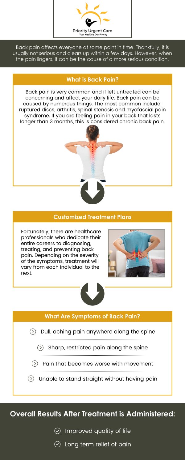 If you are experiencing back pain, come to Priority Urgent Care and Walk-In Clinic for treatment! Our specialists can help relieve your pain and restore your function. For more information, please contact us or request an appointment online. We have convenient locations to serve you in Cromwell CT, East Haven CT, Ellington CT, Newington, CT, Oxford, CT, Unionville CT and Wallingford, CT.