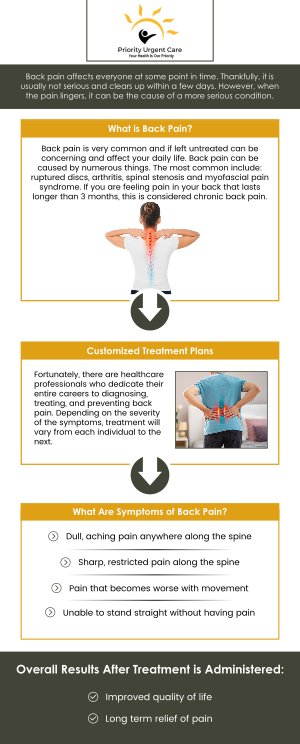 If you are experiencing back pain, come to Priority Urgent Care and Walk-In Clinic for treatment! Our specialists can help relieve your pain and restore your function. For more information, please contact us or request an appointment online. We have convenient locations to serve you in Cromwell CT, East Haven CT, Ellington CT, Newington, CT, Oxford, CT, Unionville CT and Wallingford, CT.