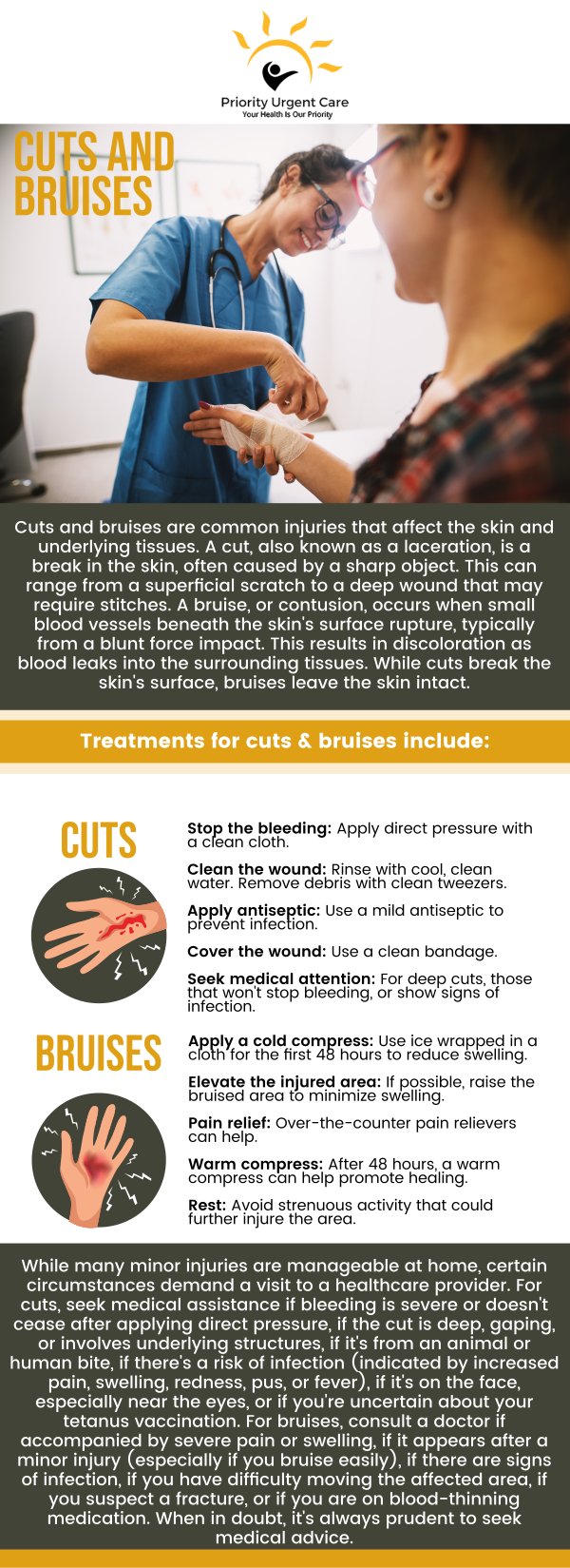 If you have a cut or bruise that you are concerned about, visit Priority Urgent Care & Walk-In Clinic today! Our Doctors, medical staff, and facility are equipped to handle all your medical needs. We serve children, adults, and seniors seven days a week. Appointments are preferred to secure a time slot, but walk-ins are always welcome. For more information, contact us today or book an appointment online. We have convenient locations to serve you in Cromwell CT, East Haven CT, Ellington CT, Newington, CT, Oxford, CT, Unionville CT and Wallingford, CT.