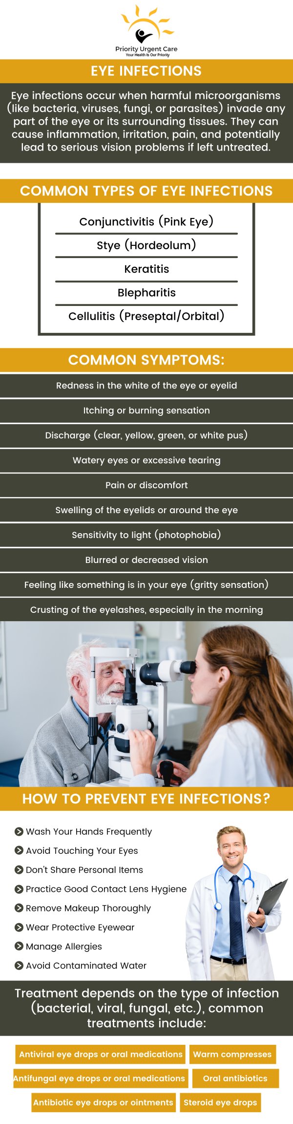 An eye infection can be serious and cause permanent vision loss if left untreated. Eye infection symptoms include redness, irritation, swelling, discharge, pain, and vision difficulties. Come to Priority Urgent Care in Ellington, CT to receive treatment for your eye infection, whether it be viral or bacterial. Contact our clinic today to speak with a professional or schedule an appointment online. We are conveniently located at 105 West Road Ellington, CT 06029. An eye infection can be serious and cause permanent vision loss if left untreated. Eye infection symptoms include redness, irritation, swelling, discharge, pain, and vision difficulties. Come to Priority Urgent Care in Ellington, CT to receive treatment for your eye infection, whether it be viral or bacterial. Contact our clinic today to speak with a professional or schedule an appointment online. We are conveniently located at 105 West Road Ellington, CT 06029.