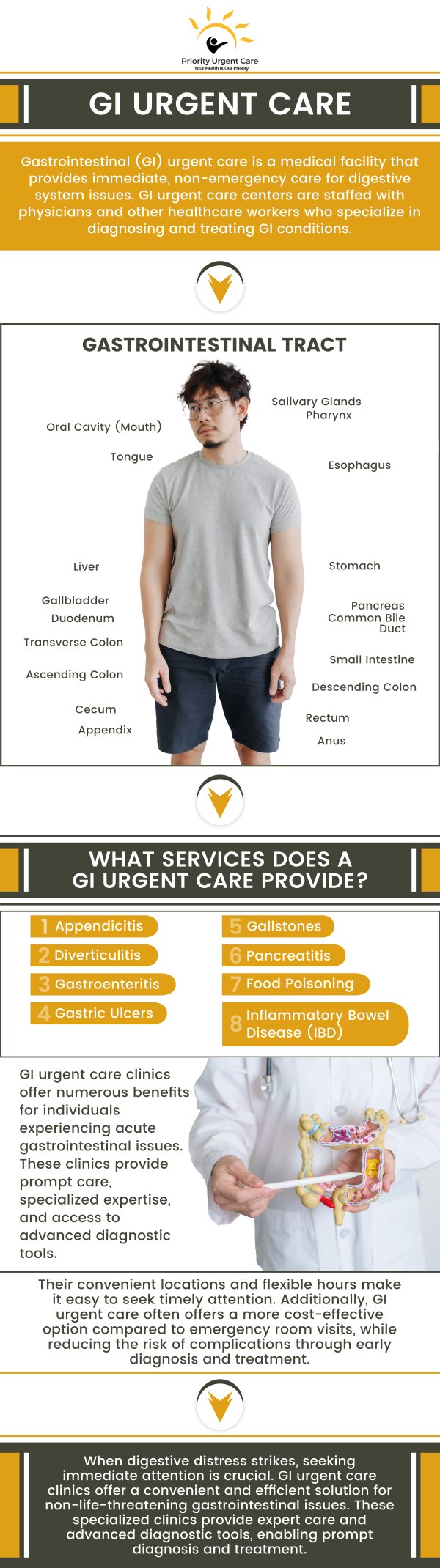At Priority Urgent Care, we understand that gastrointestinal issues can be both uncomfortable and urgent. Our experienced medical team is here to provide swift and comprehensive care for a range of GI concerns, from abdominal pain and nausea to diarrhea and constipation. We offer timely evaluations and treatments to help alleviate your symptoms and get you back to feeling your best. For expert care in a compassionate environment, visit Priority Urgent Care-where your health and comfort are our top priorities. For more information, please contact us today. You can also book an appointment online or simply walk-in. We have convenient locations to serve you in Cromwell CT, East Haven CT, Ellington CT, Newington, CT, Oxford, CT, Unionville CT and Wallingford, CT.
