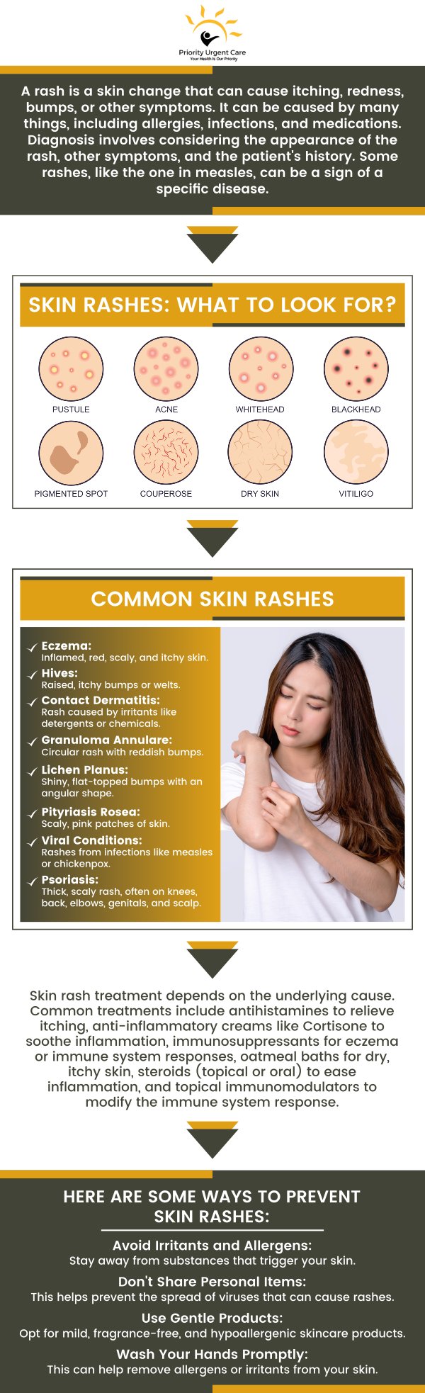 Skin infections start when bacteria infect the skin and sometimes the deep tissue underlying the skin's surface. The symptoms of skin infections vary depending on the type of infection. Rashes, swelling, redness, discomfort, and itching are all signs of skin infections. Treatments for skin infections are available at Priority Urgent Care and Walk-In Clinic. For more information, contact us today or visit us online to book an appointment online. We have convenient locations to serve you in Cromwell, CT, East Haven, CT, Ellington, CT, Newington, CT, Oxford, CT, Unionville, CT and Wallingford, CT.