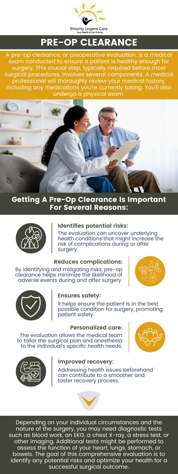 A pre-op physical exam is conducted to evaluate a patient’s health before a scheduled surgical procedure. This examination provides surgeons with vital information about the patient’s overall condition and helps identify any medical issues that may affect surgery or recovery. At Priority Urgent Care & Walk-In Clinic, we offer comprehensive preoperative physical exams by appointment. Appointments are required, and patients are encouraged to bring medical documentation from their primary care provider (PMD) to support a complete and accurate evaluation before surgery. Contact us today or schedule an appointment online. We are conveniently located at 2909 Berlin Turnpike, Newington, CT 06111. A pre-op physical exam is conducted to evaluate a patient’s health before a scheduled surgical procedure. This examination provides surgeons with vital information about the patient’s overall condition and helps identify any medical issues that may affect surgery or recovery. At Priority Urgent Care & Walk-In Clinic, we offer comprehensive preoperative physical exams by appointment. Appointments are required, and patients are encouraged to bring medical documentation from their primary care provider (PMD) to support a complete and accurate evaluation before surgery. Contact us today or schedule an appointment online. We are conveniently located at 2909 Berlin Turnpike, Newington, CT 06111.