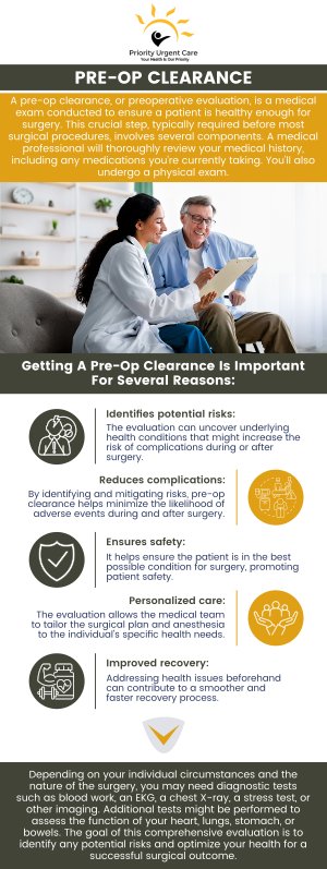 A pre-op physical exam is conducted to evaluate a patient’s health before a scheduled surgical procedure. This examination provides surgeons with vital information about the patient’s overall condition and helps identify any medical issues that may affect surgery or recovery. At Priority Urgent Care & Walk-In Clinic, we offer comprehensive preoperative physical exams by appointment. Appointments are required, and patients are encouraged to bring medical documentation from their primary care provider (PMD) to support a complete and accurate evaluation before surgery. Contact us today or schedule an appointment online. We are conveniently located at 2909 Berlin Turnpike, Newington, CT 06111. A pre-op physical exam is conducted to evaluate a patient’s health before a scheduled surgical procedure. This examination provides surgeons with vital information about the patient’s overall condition and helps identify any medical issues that may affect surgery or recovery. At Priority Urgent Care & Walk-In Clinic, we offer comprehensive preoperative physical exams by appointment. Appointments are required, and patients are encouraged to bring medical documentation from their primary care provider (PMD) to support a complete and accurate evaluation before surgery. Contact us today or schedule an appointment online. We are conveniently located at 2909 Berlin Turnpike, Newington, CT 06111.